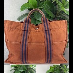 Hermes Brown Canvas Briefcase with Navy Stripes